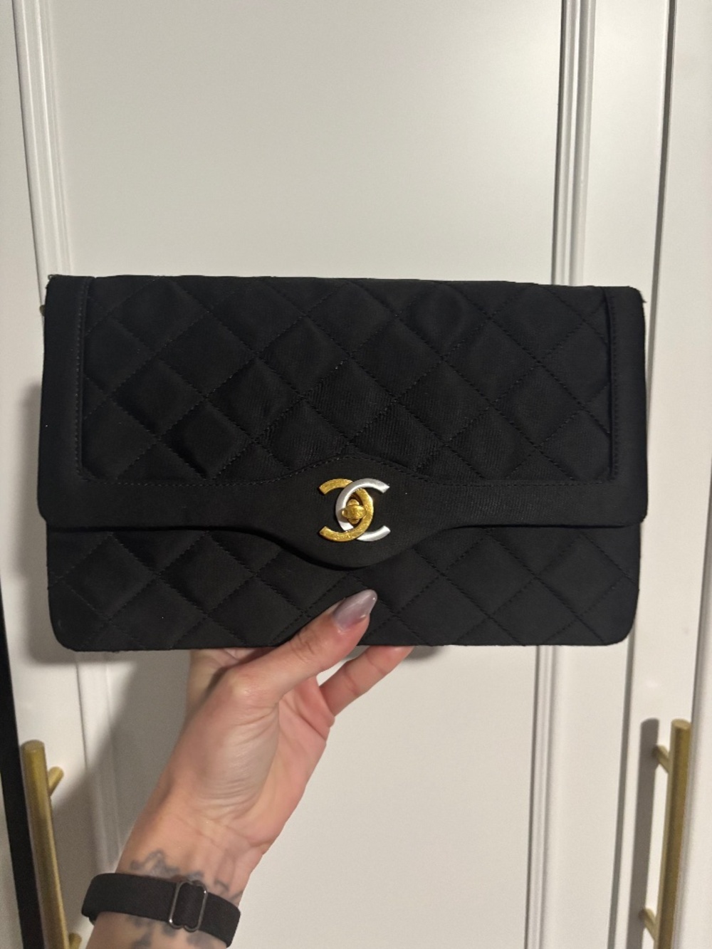 Vintage authentic Chanel satin clutch with rare chain